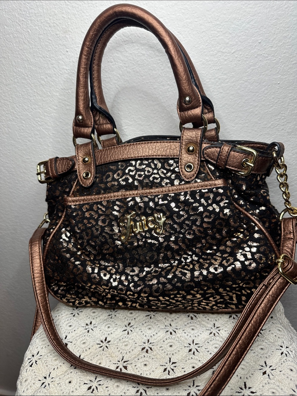 Juicy Couture Bronze Metallic Leopard Satchel with Gold Accents